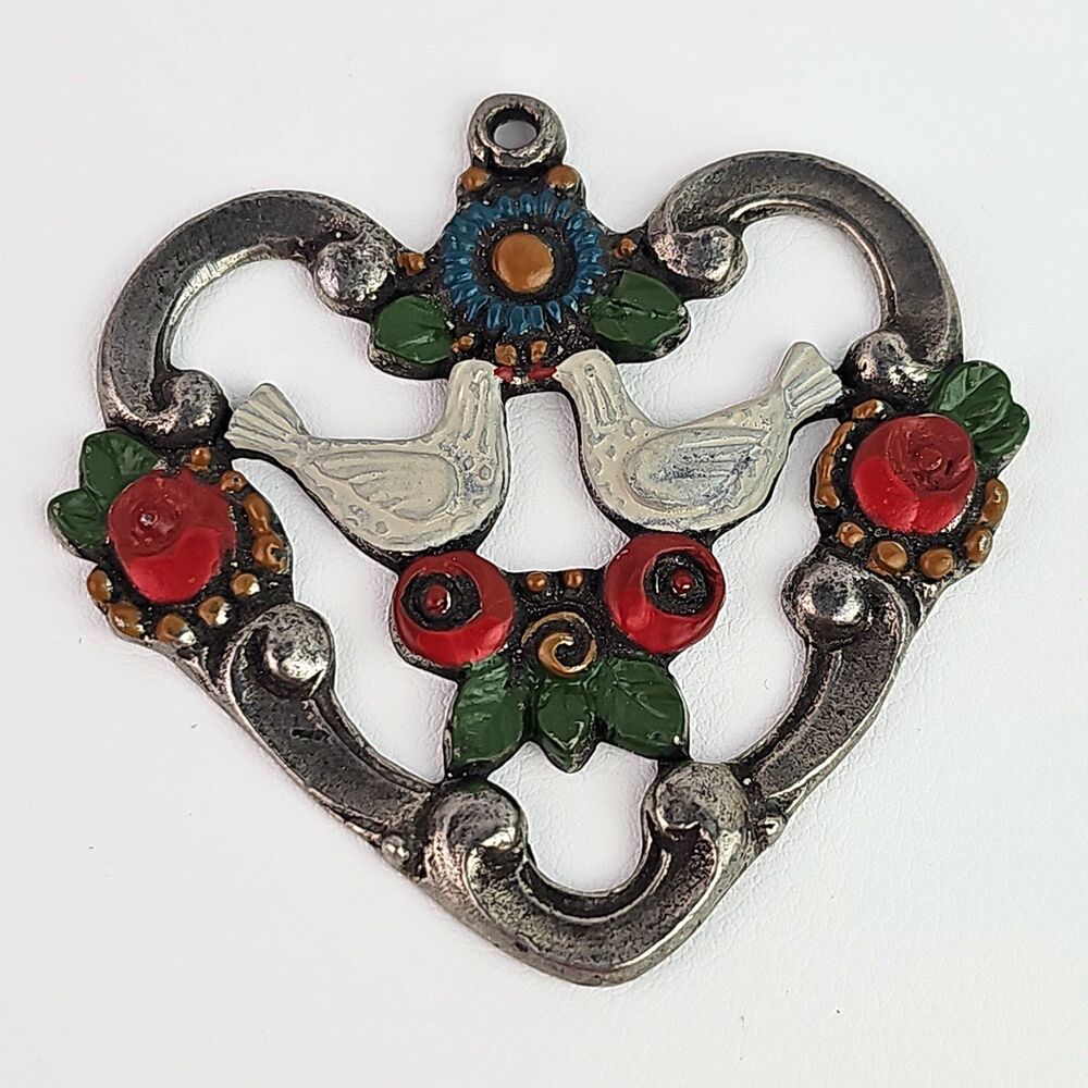 Vintage German Kuhn Zinn Pewter Christmas Ornament White Turtle Doves Heart 2 in